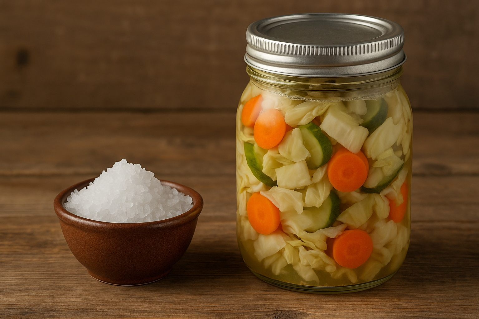 Coarse sea salt beside a jar of fermenting vegetables